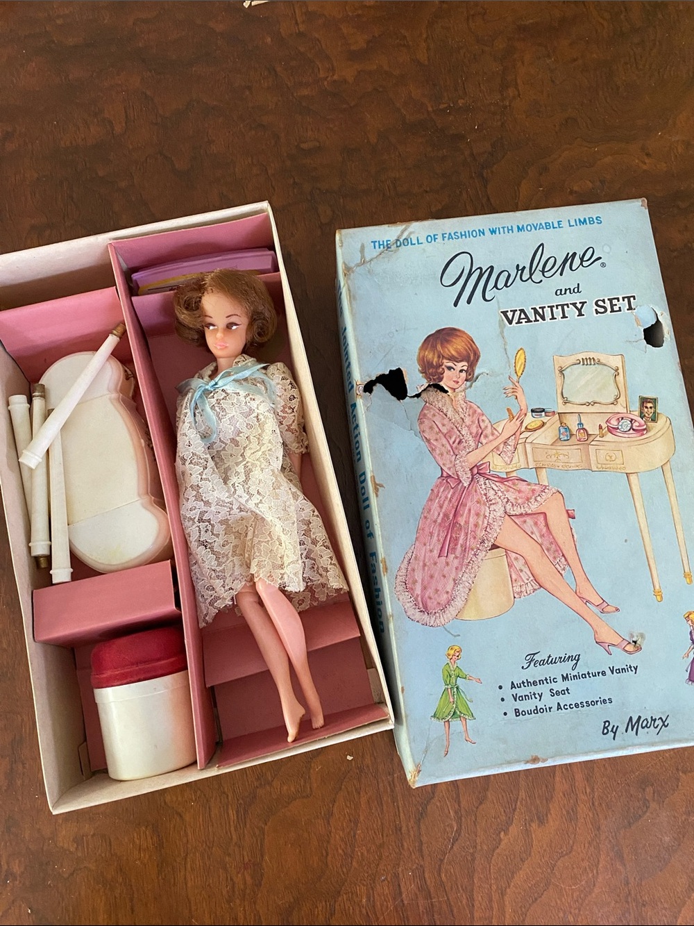 Marlene Doll Vanity Set 1964 posing fashion doll in lace gown 25+ pieces in box